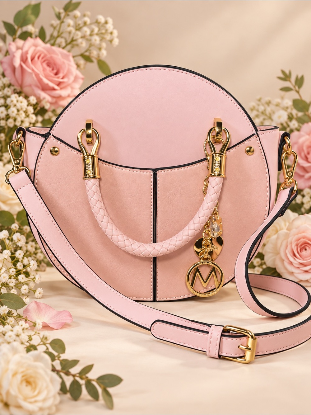 Braided-Handle Pink Round Crossbody with Gold Charm NWOT